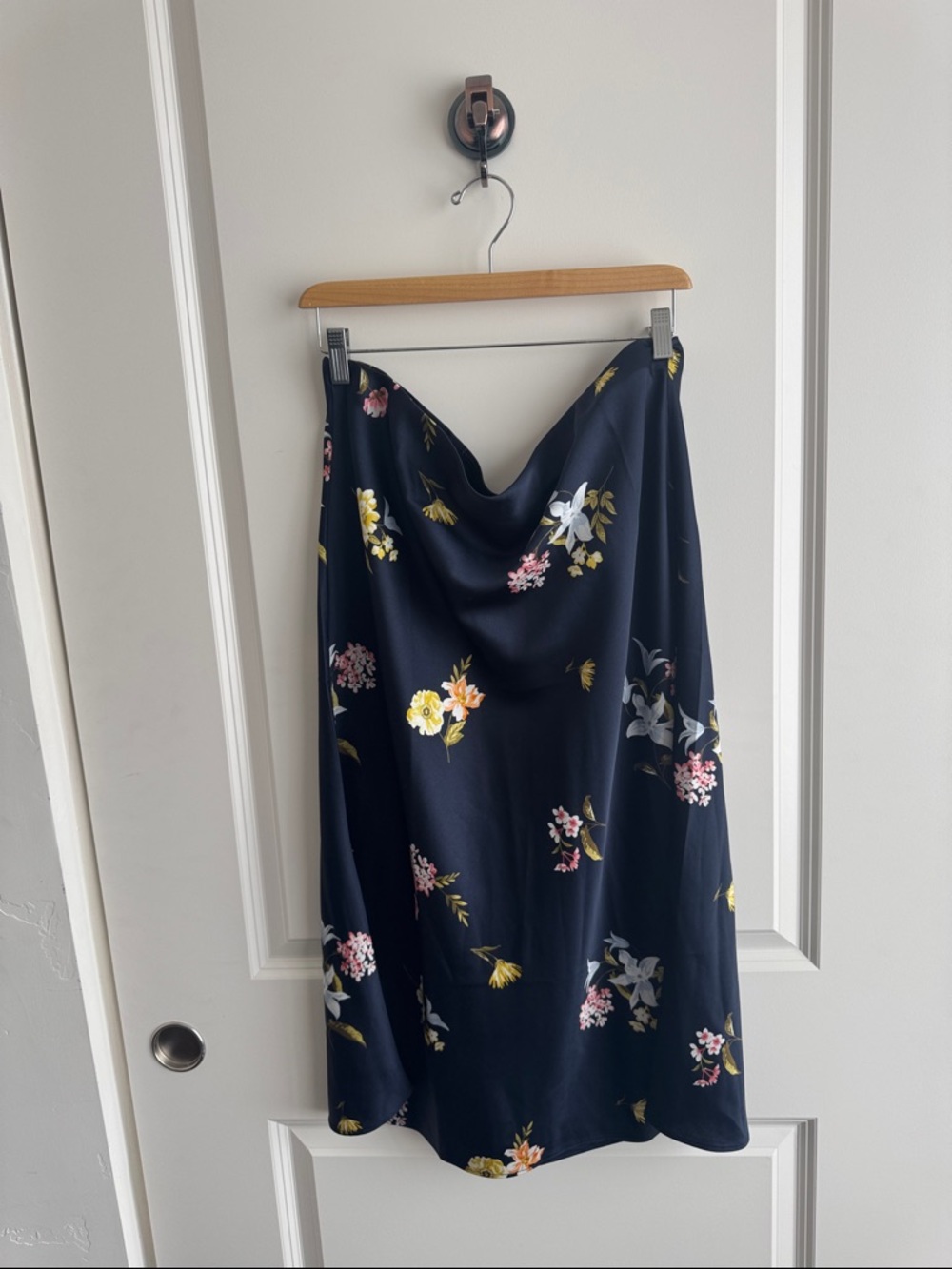 LOFT Navy Floral Satin Midi Skirt